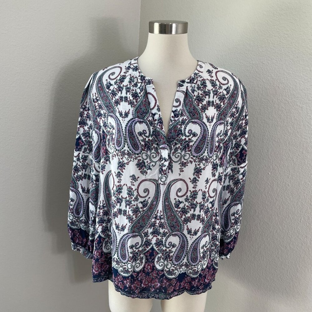 Luckyโ Brand Womens XL Paisley Blouse White Multicolor Shirt 3/4 Sleeve
